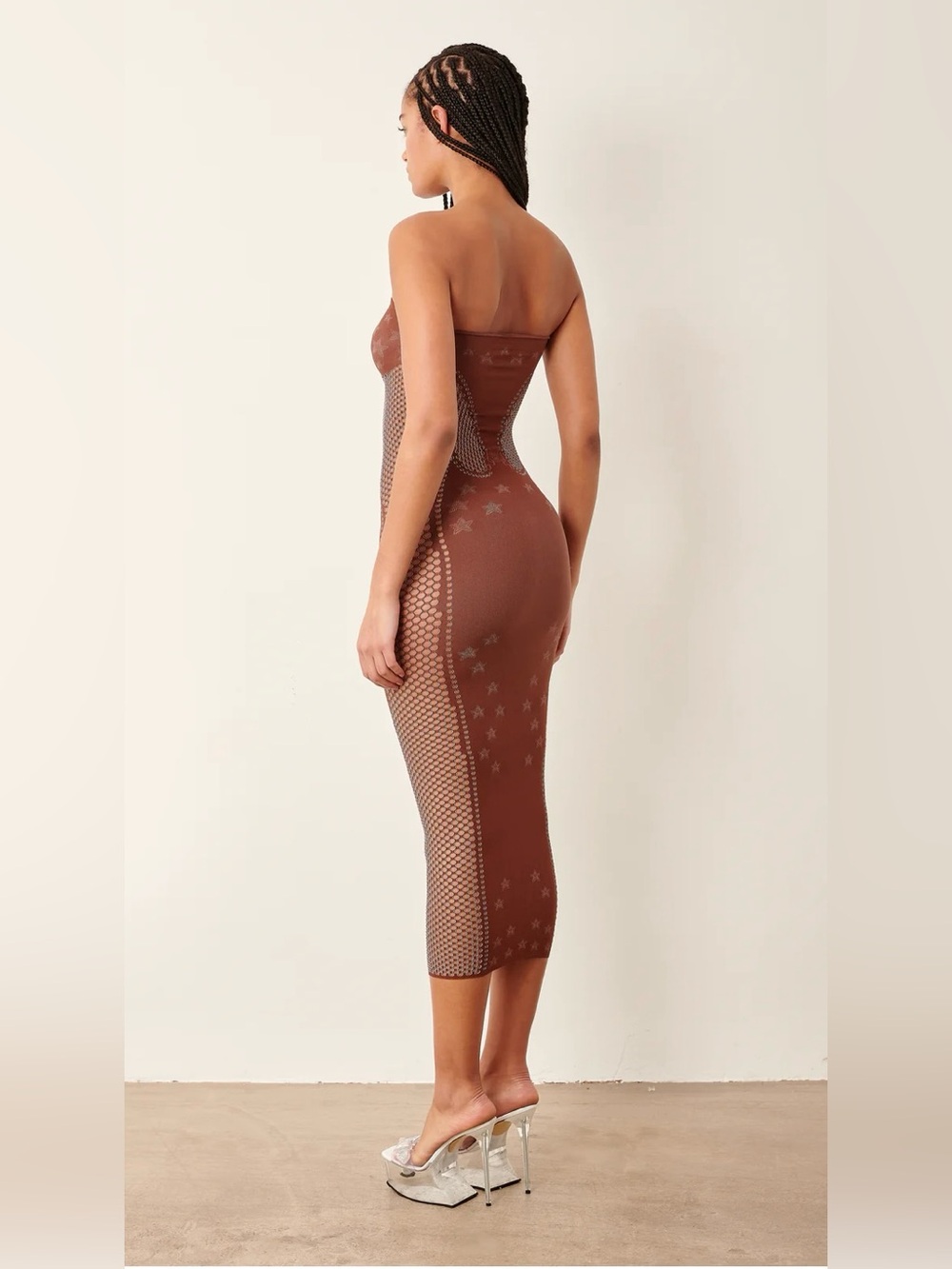 New! Poster Girl Roxie Dress Old Money Brown Stretch Bodycon Midi Dress 🤎🤠 OS - Picture 5 of 13